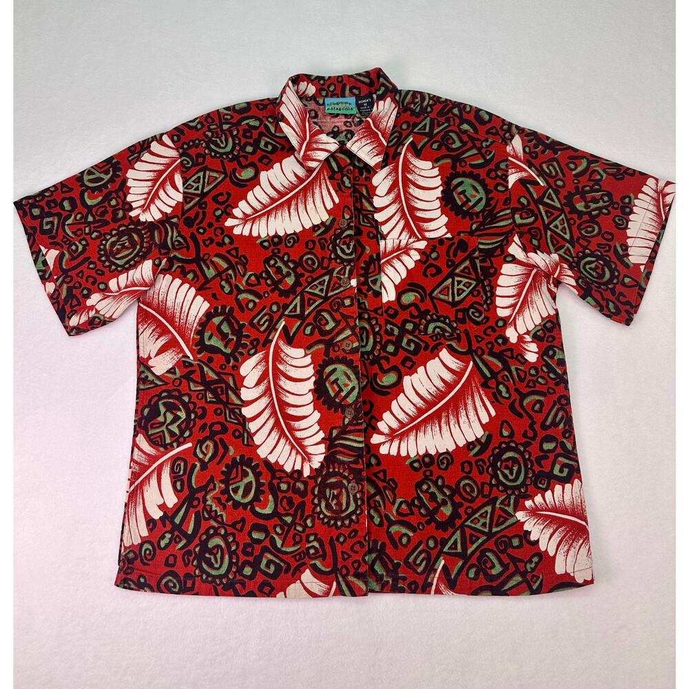 Vintage 90s 1994 Womens Patagonia Red Tribal Leaf Print Cotton Button Up Shirt M - Picture 4 of 9